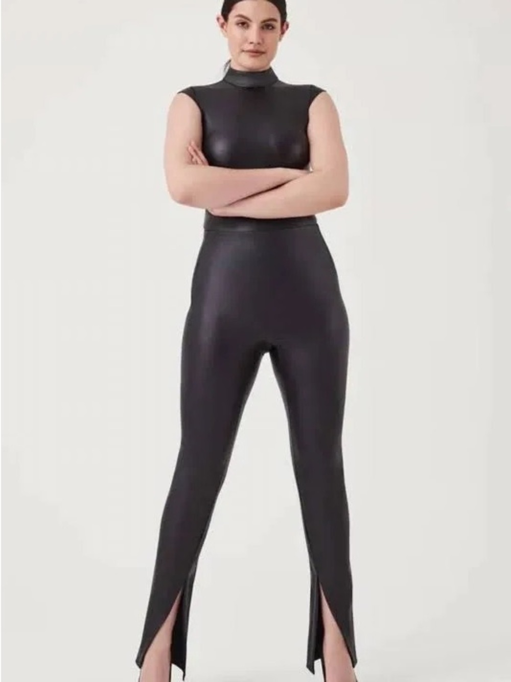 SPANX Girls Black Faux Leather Leggings with Front Leg Slits